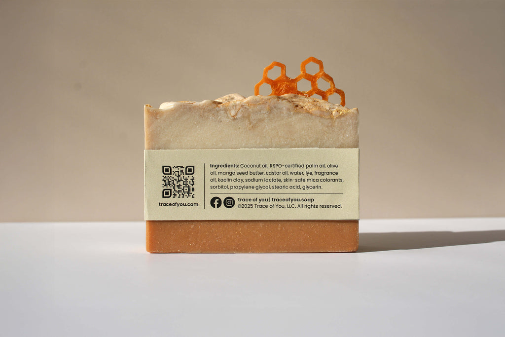 Bar of soap with a label on a neutral background
