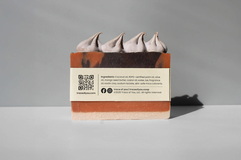 Bar of soap with a label on a gray background