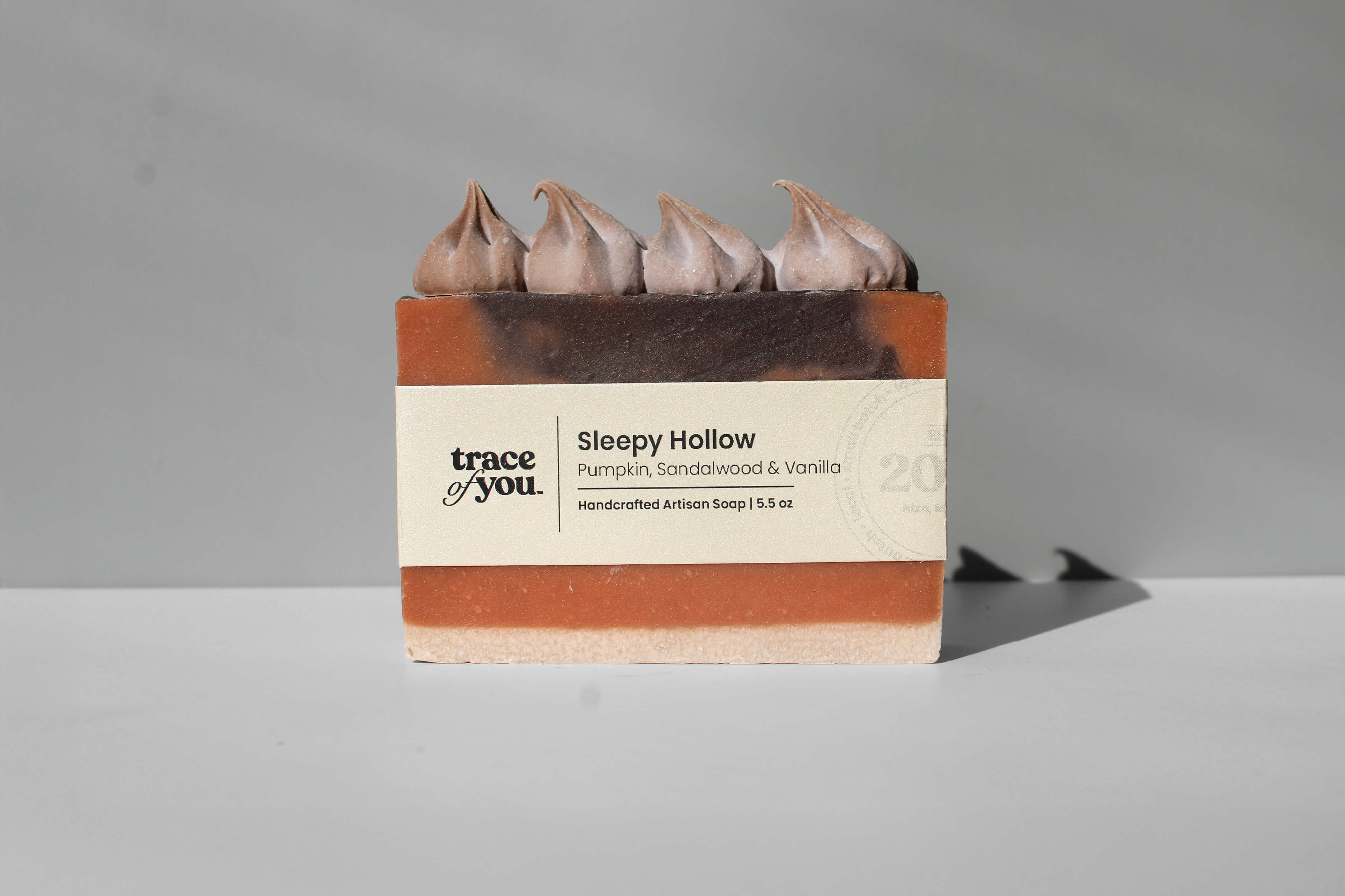 Bar of soap with 'Sleepy Hollow' scent from 'trace of you' on a gray background